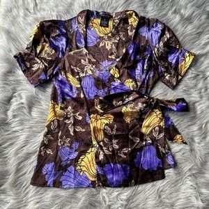 BCBG Maxazria Blouse Sz XS Purple Brown Faux Wrap Floral Stretchy Bow Silky Work